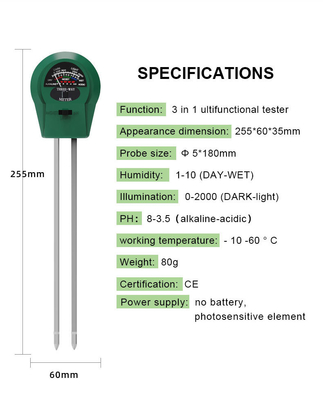 Probe a tubo in acciaio inossidabile 3 in 1 Tester di umidità/luce/pH per piante/erba/azienda agricola/giardino
